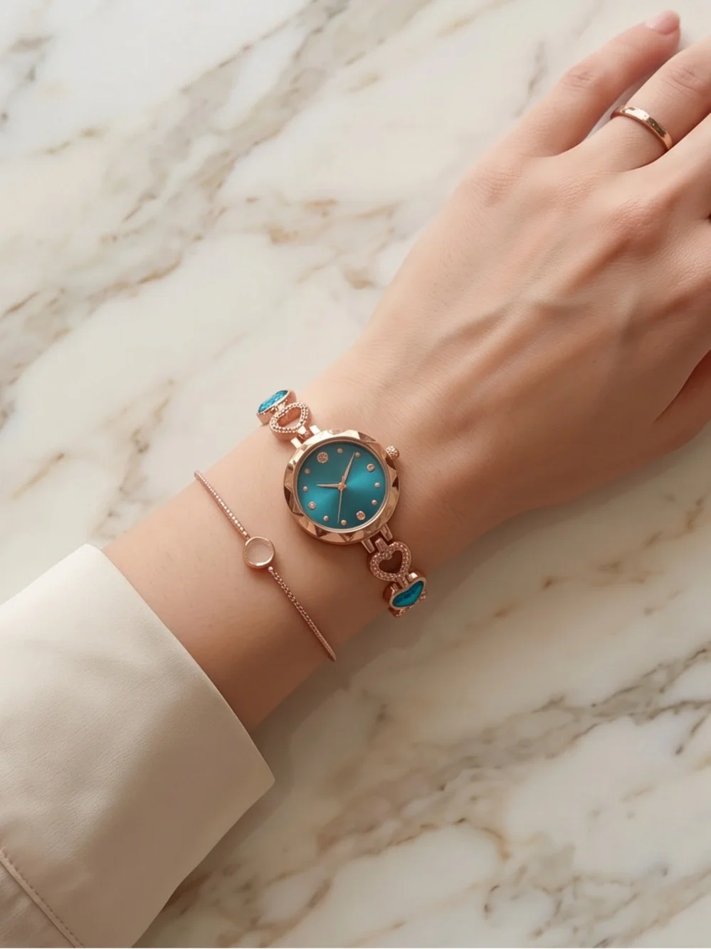 Rose Gold & Ocean Blue Heart Dress Watch (8 Inches)